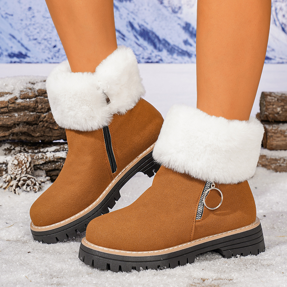 Thick Sole Side Zipper Fashion Simple Furry Casual Cotton Boots For Women foto 4
