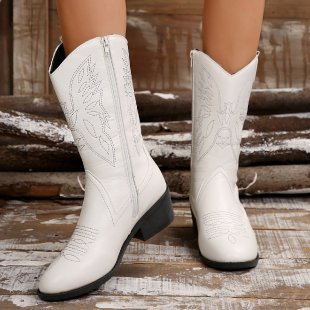 Female Mid-calf Length Solid Color Pointed Chunky Heel Martin Boots foto 4