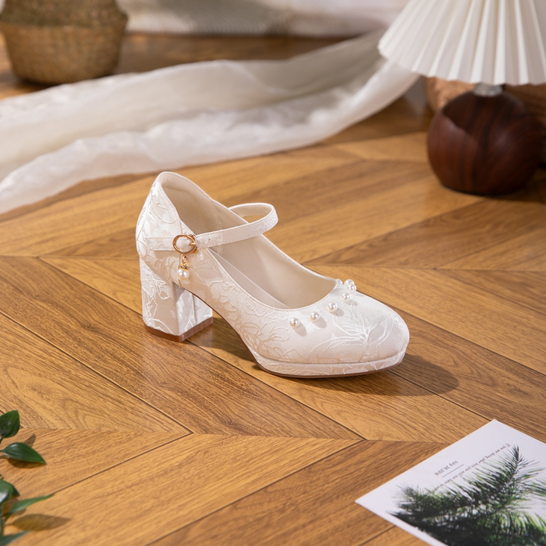White And Beige Jacquard Mary Jane Style Women's Shoes With Thick Soles And Pearl Bow Straps, Waterproof Platform High Heels, Elegant And Versatile Wedding Shoes, Bridesmaid Shoes, Formal High Heels F foto 3