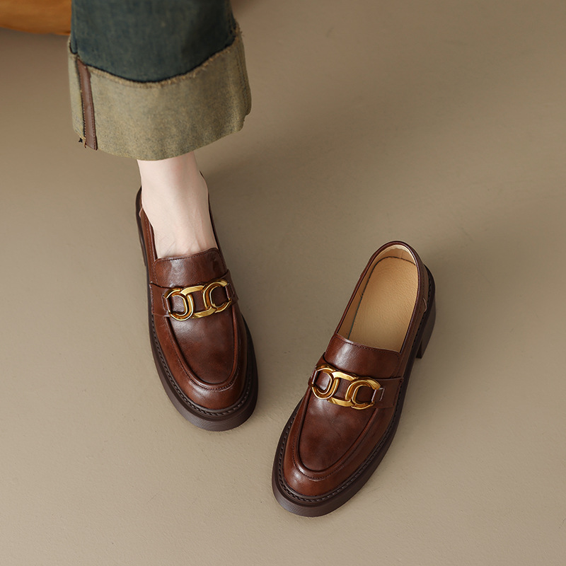 Sheepskin Preppy Style Metal Buckle High Heel Loafers Women foto 5