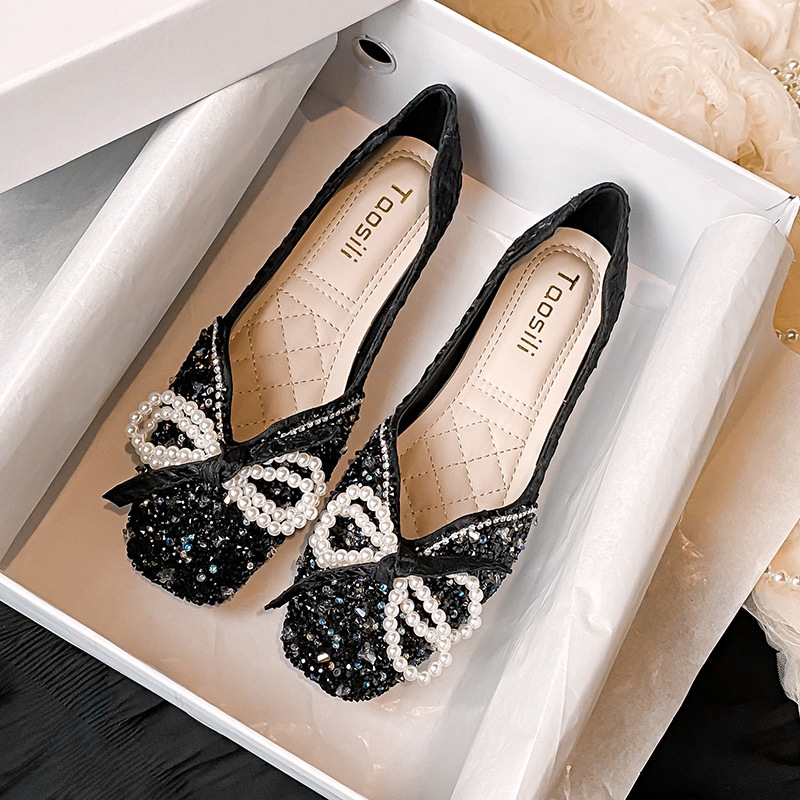 New Square Toe Flats Classic Style Rhinestone Pearl Shoes foto 3