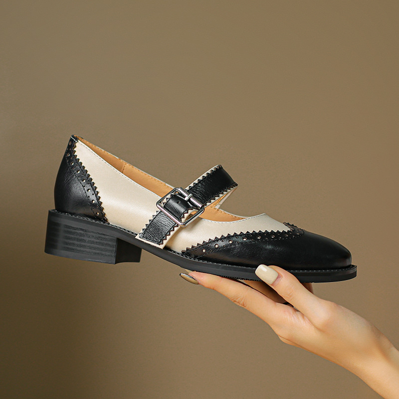 Square Head Female Color-blocking Leather Shoes Middle Documentary