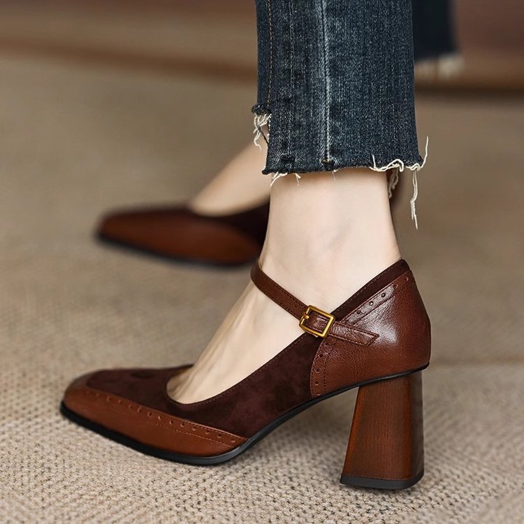 Patchwork Chunky Heel Buckle French Style Square Toe High Heel foto 4