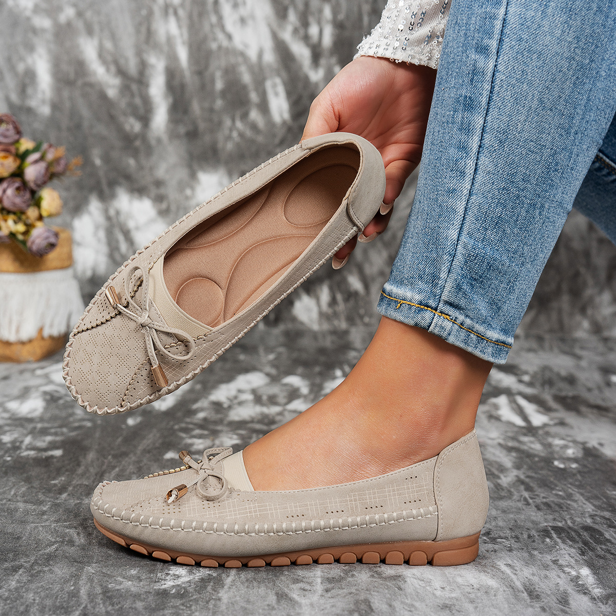 Stitching Bow Solid Color Women's Flat-heeled Shoes foto 3
