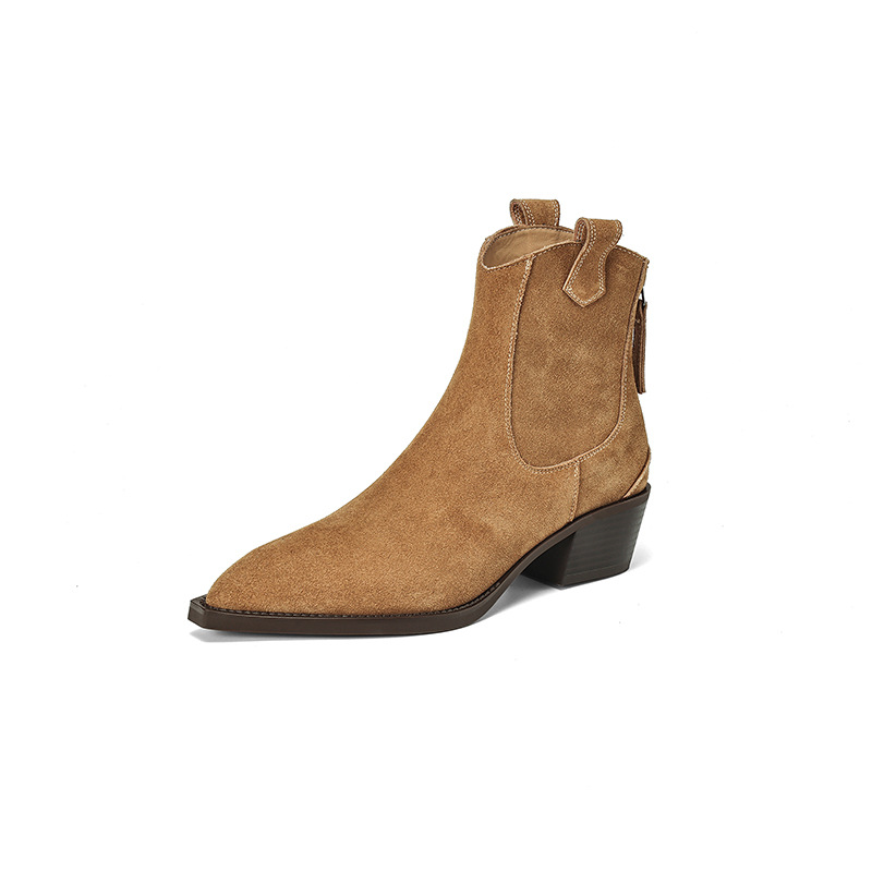 Pointed Toe Chunky Heel Back Zip Short Boots Women's foto 2