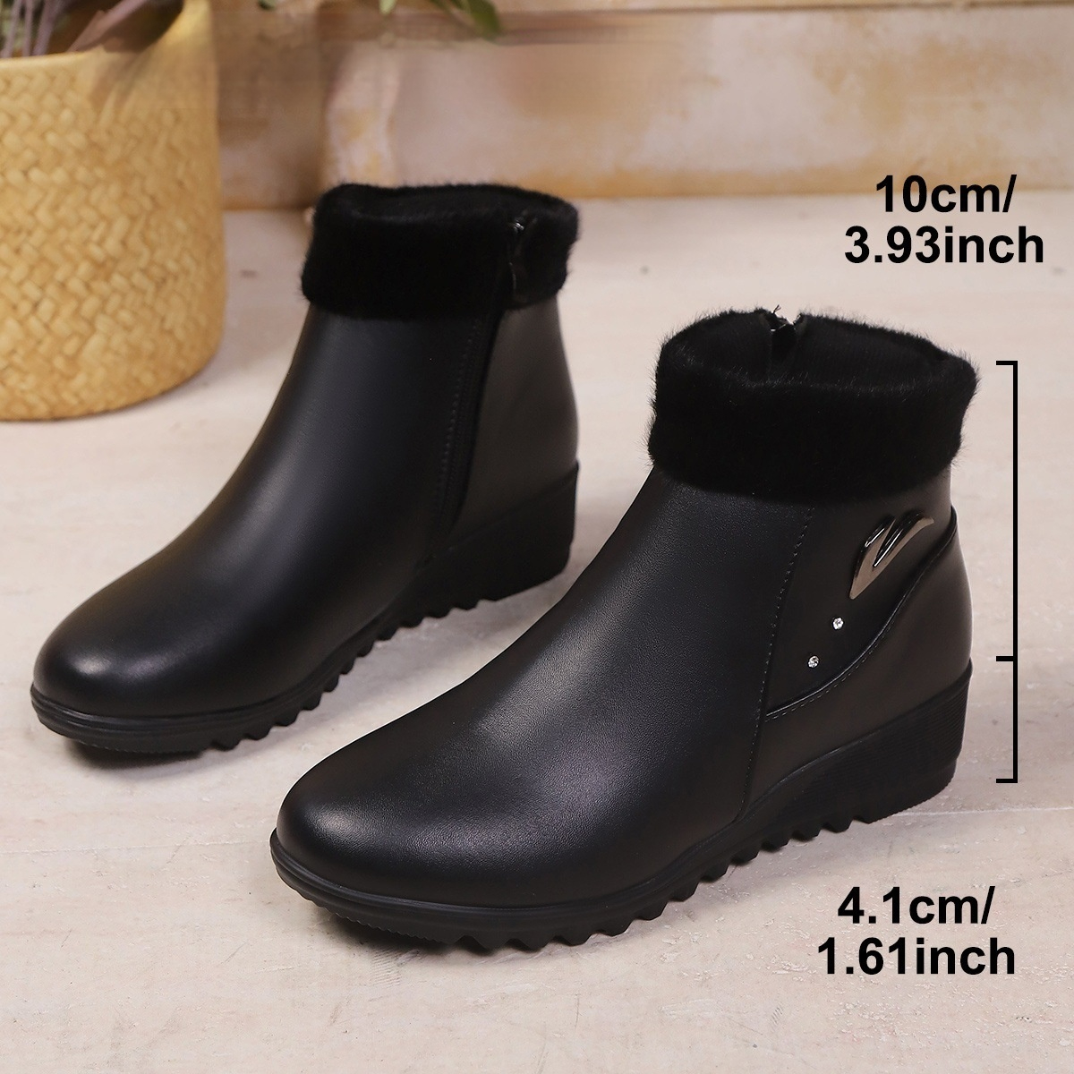 Women's Low Heel Round Toe Plus Fleece Side Zipper Boots foto 2