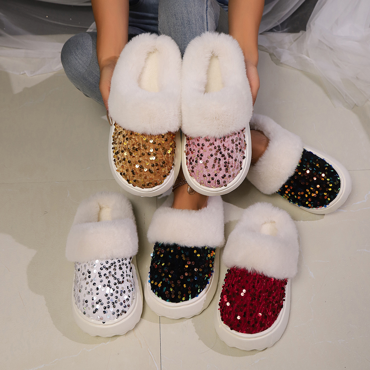 Sequined Large Wool Mouth Plush Toe Cap Cotton Slippers foto 3
