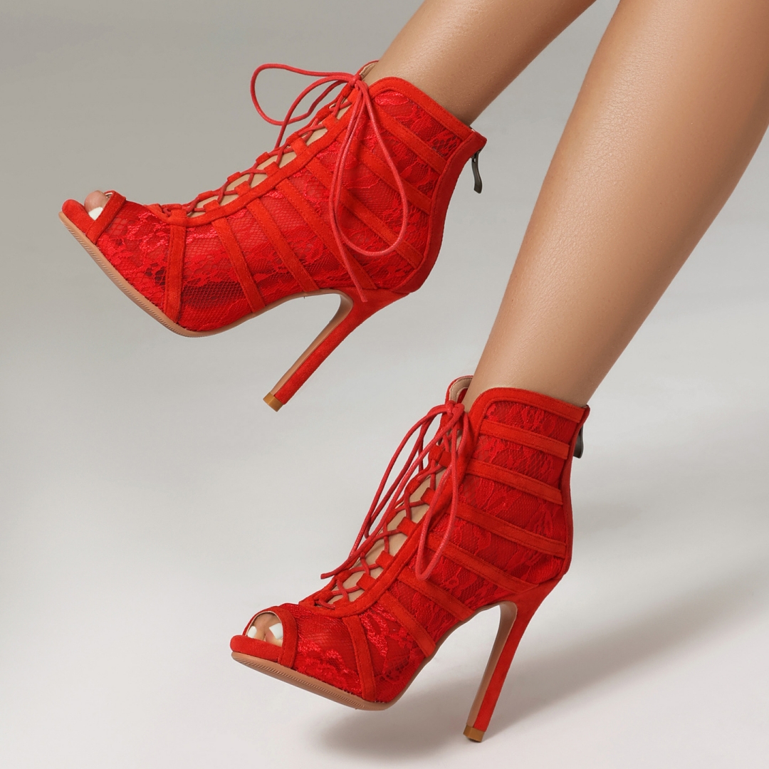 Womens Solid-color Lace Mesh Peep-toe High Heels foto 5