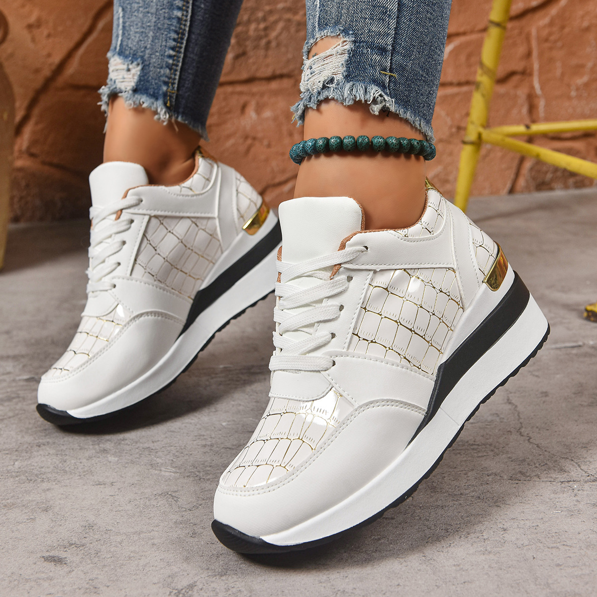 Women's Casual Plus Size Lace Color Block Wedge Sneaker foto 2