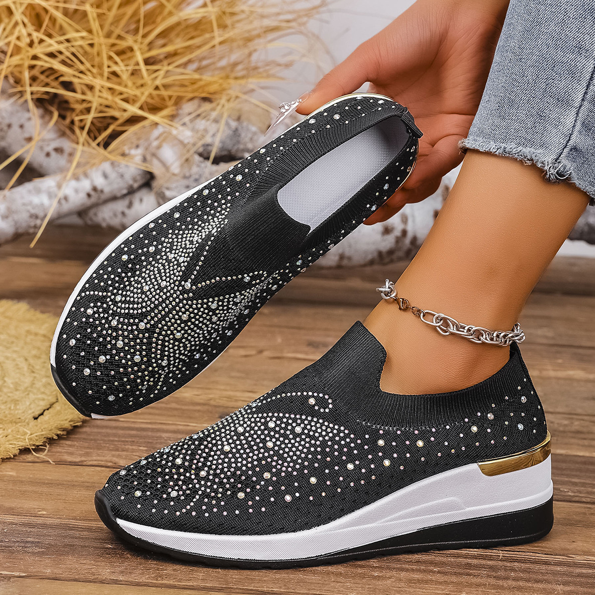 Pumps Women's Summer Wedge Round Toe Rhinestone Slip-on Women's Pumps Pumps foto 2