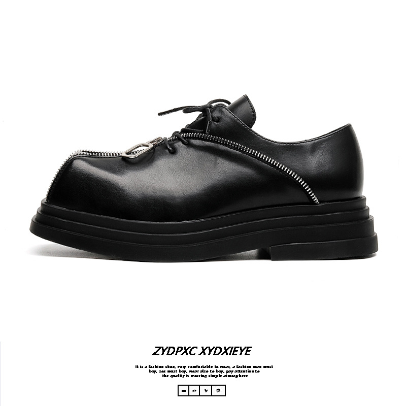 Thick Bottom Square Toe Men's Trendy Unique Punk Zipper Design Trendy Black Business Leather Shoes foto 4
