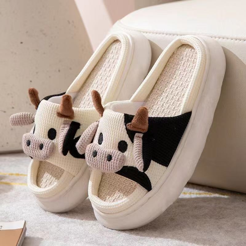 Cute Cow Linen Slippers For Women foto 4
