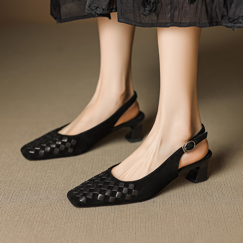 Women's Handmade Suede Woven Slingback Block Heel Sandals, Square-Toe Buckle Dress Shoes foto 4