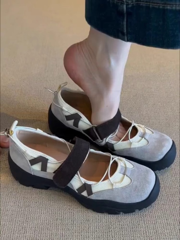 Womens Vintage Leather Thick-Soled Low-Top Velcro Mary Jane Shoes