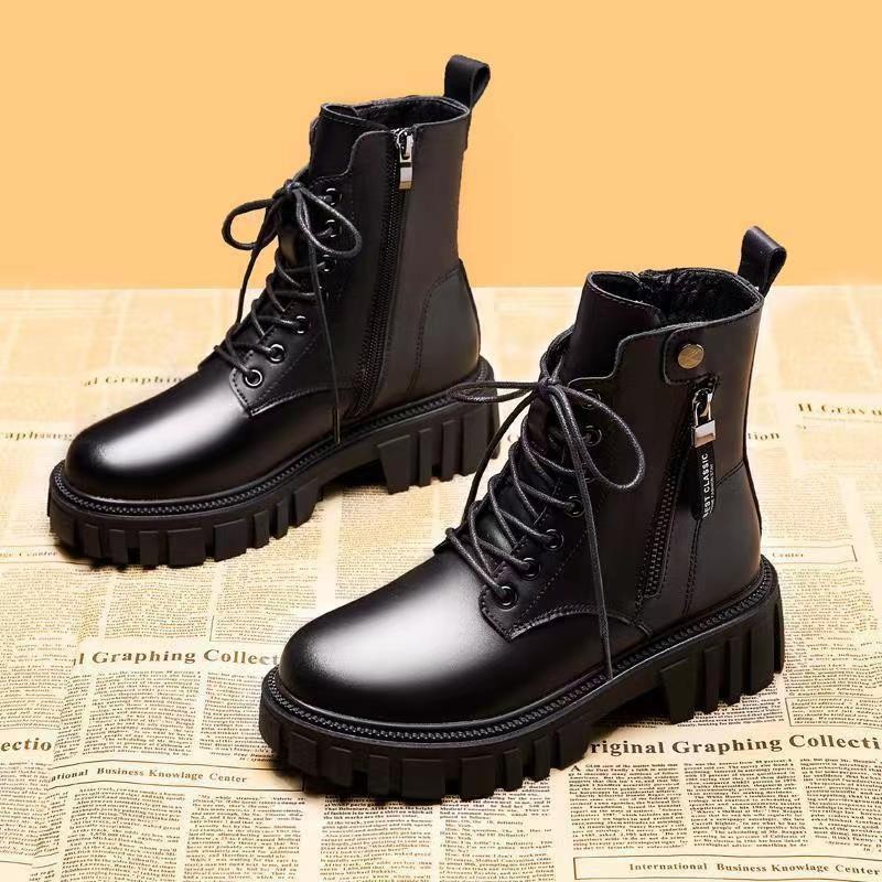 Womens Black Chunky-Soled Ankle Boots With Side Zipper foto 4