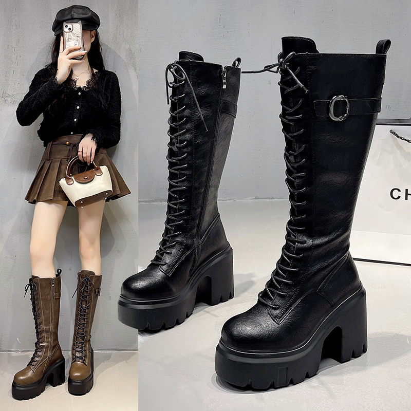 Womens Versatile High-heeled Round-toe Lace-up Over-the-knee Boots foto 5