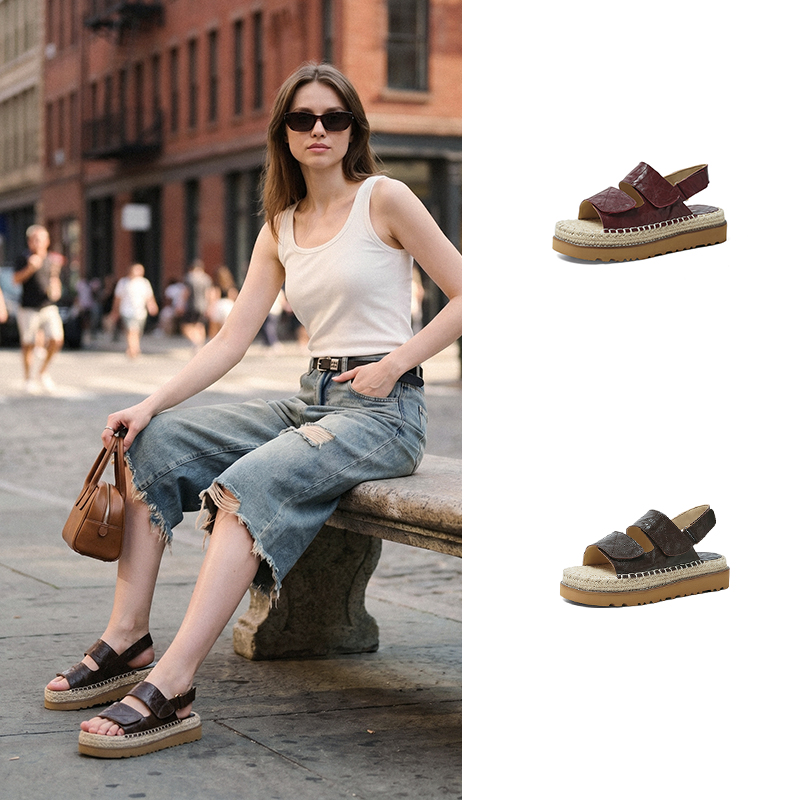 Women's Handmade Full-Grain Sheepskin Espadrille Platform Sandals, Adjustable Double-Strap Non-Slip Summer Slides foto 4
