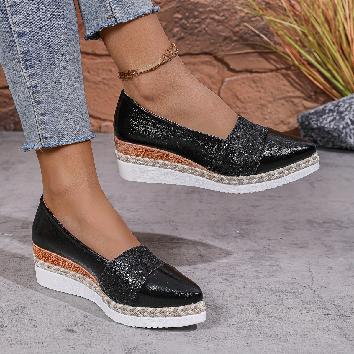 Pointed-toe Sequined Wedge Espadrille-soled Platform Slip-on Shoes foto 3