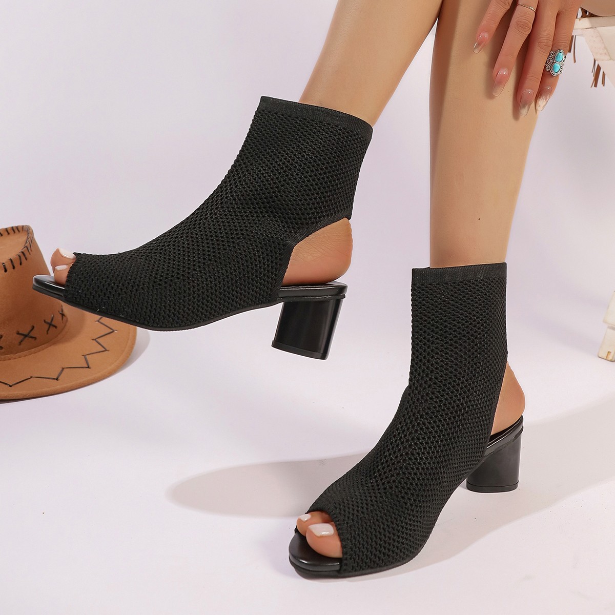 668 Fish Mouth Pointed-toe Hollowed Knitted Hollow Chunky Heel European And American Ankle Boots foto 3