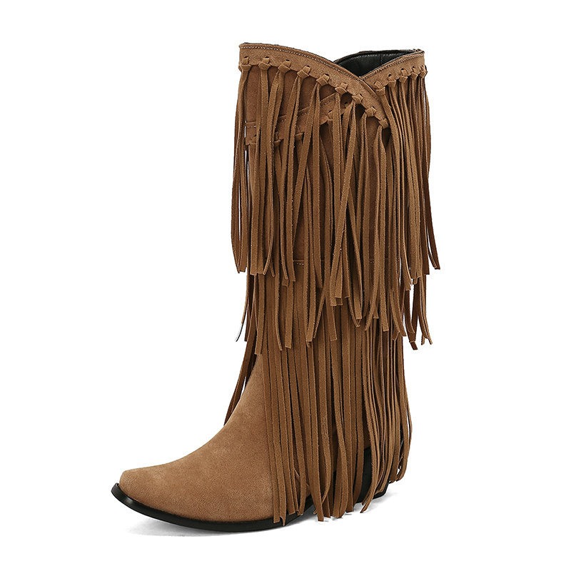 Women's High Boots Autumn And Winter Suede High Heel Tassel Boots Below The Knee foto 4
