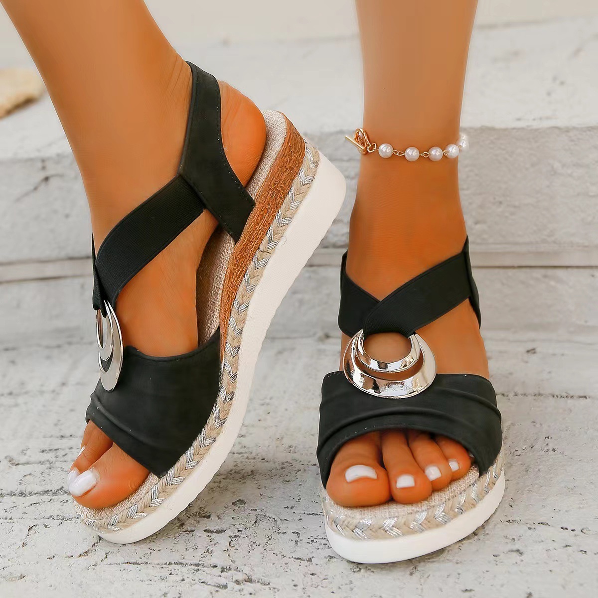 Plus Size Women's Metal Buckle Decorative Hemp Rope Wedge Light Bottom Peep Toe Sandals foto 4