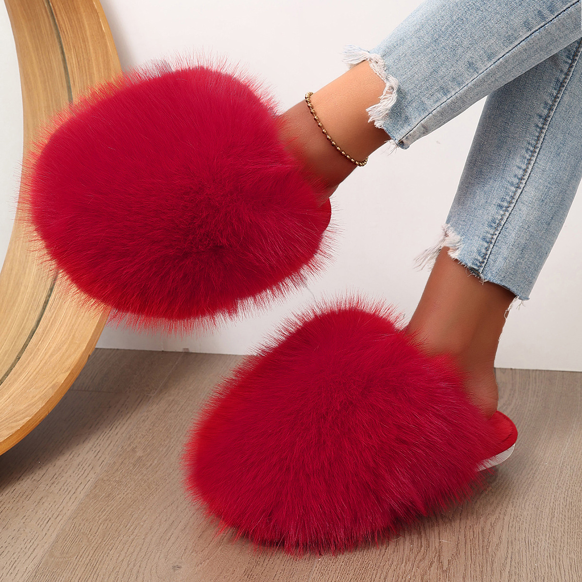 Women's Plus-size Solid Color Fluffy Big Furry Slippers foto 5