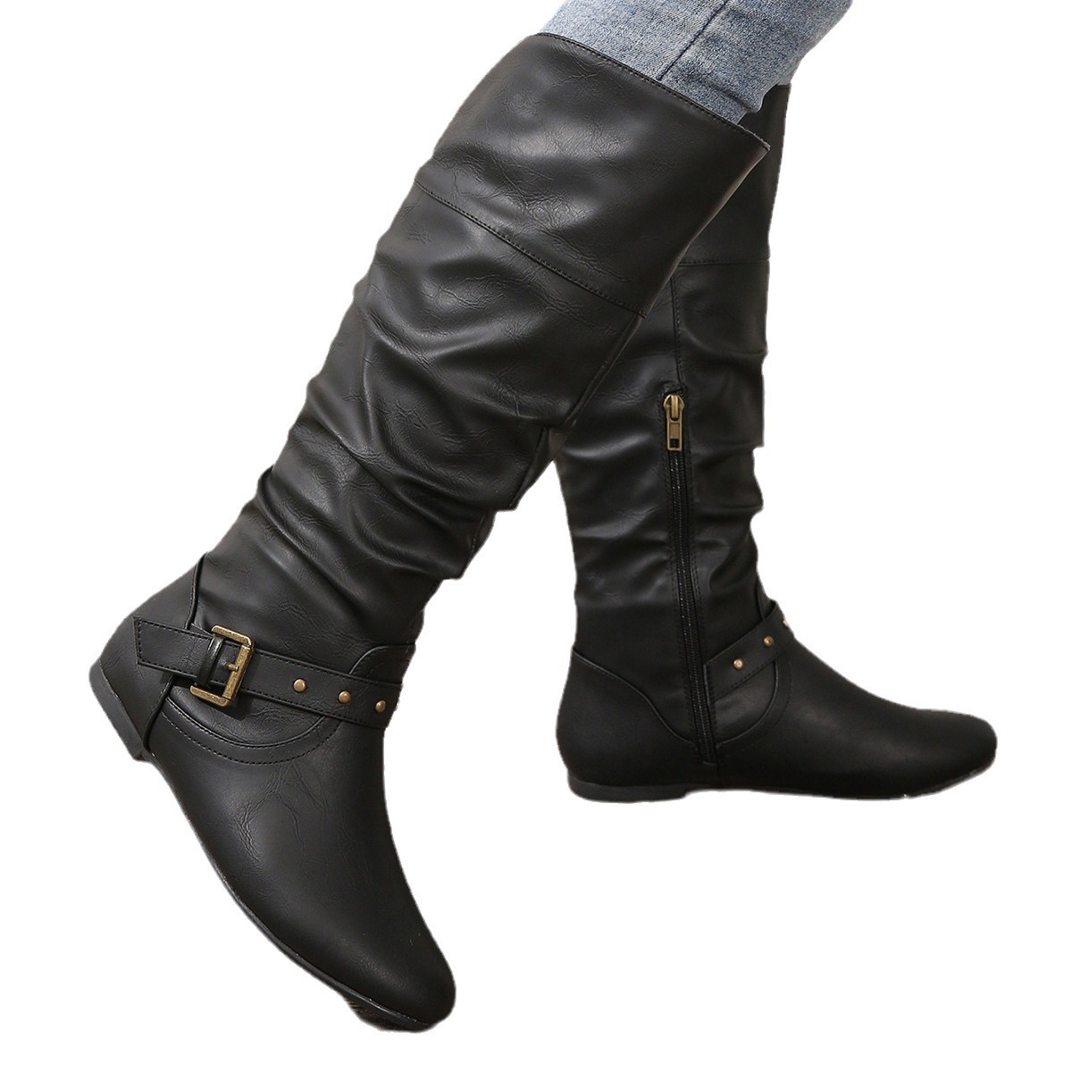 Retro-cuff Leather Belt-buckle Round-toe Womens Boots foto 2