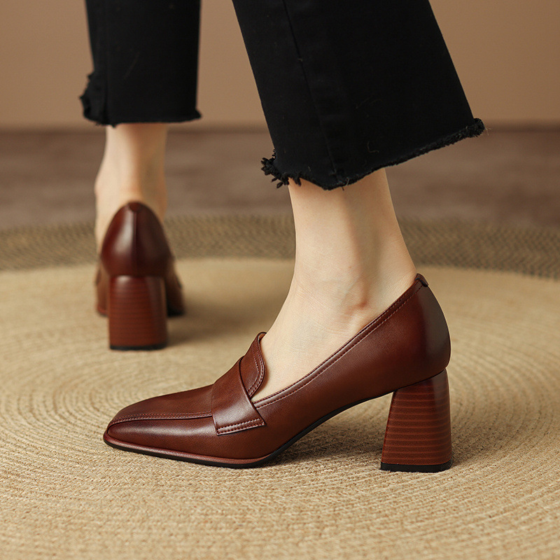Retro Brown Chunky-Heel Pumps Women's Sheepskin foto 4