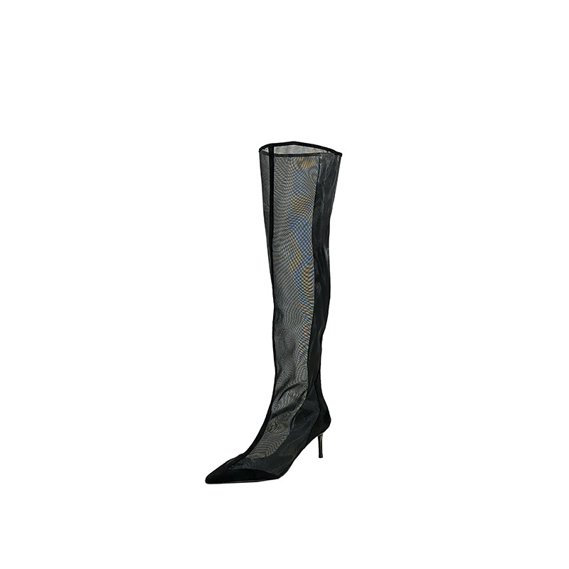 Fashion Pointed Transparent Mesh High Leg Boot Back Zipper Breathable Stiletto Heel Sandal Boots foto 3