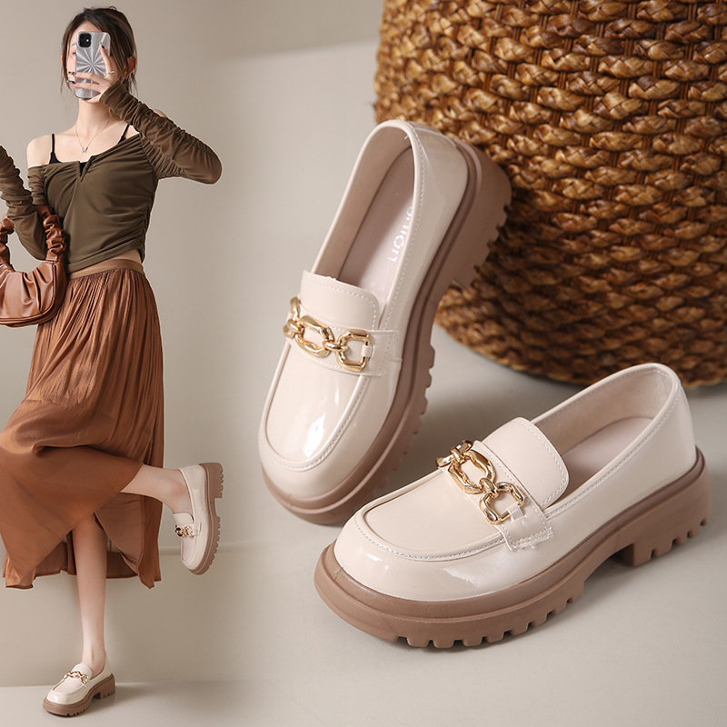 Womens Chunky Soled Slip On All Match British Style Ultra Light Leather Shoes