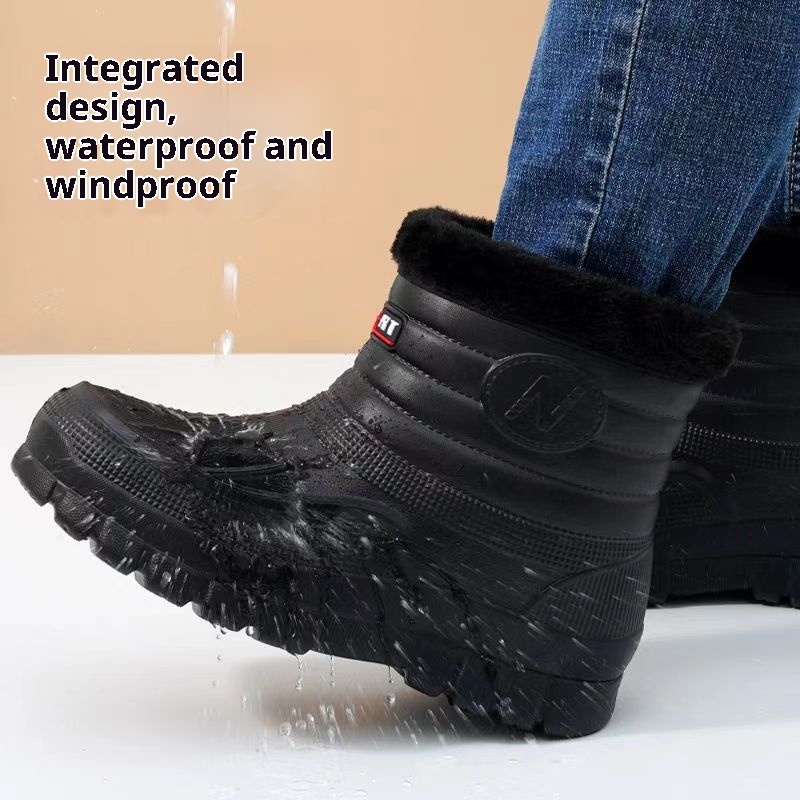 Black High-top Men's Fleece-lined Warm Outdoor Rain Boots Car Wash Construction Site Labor Protection Shoes foto 5