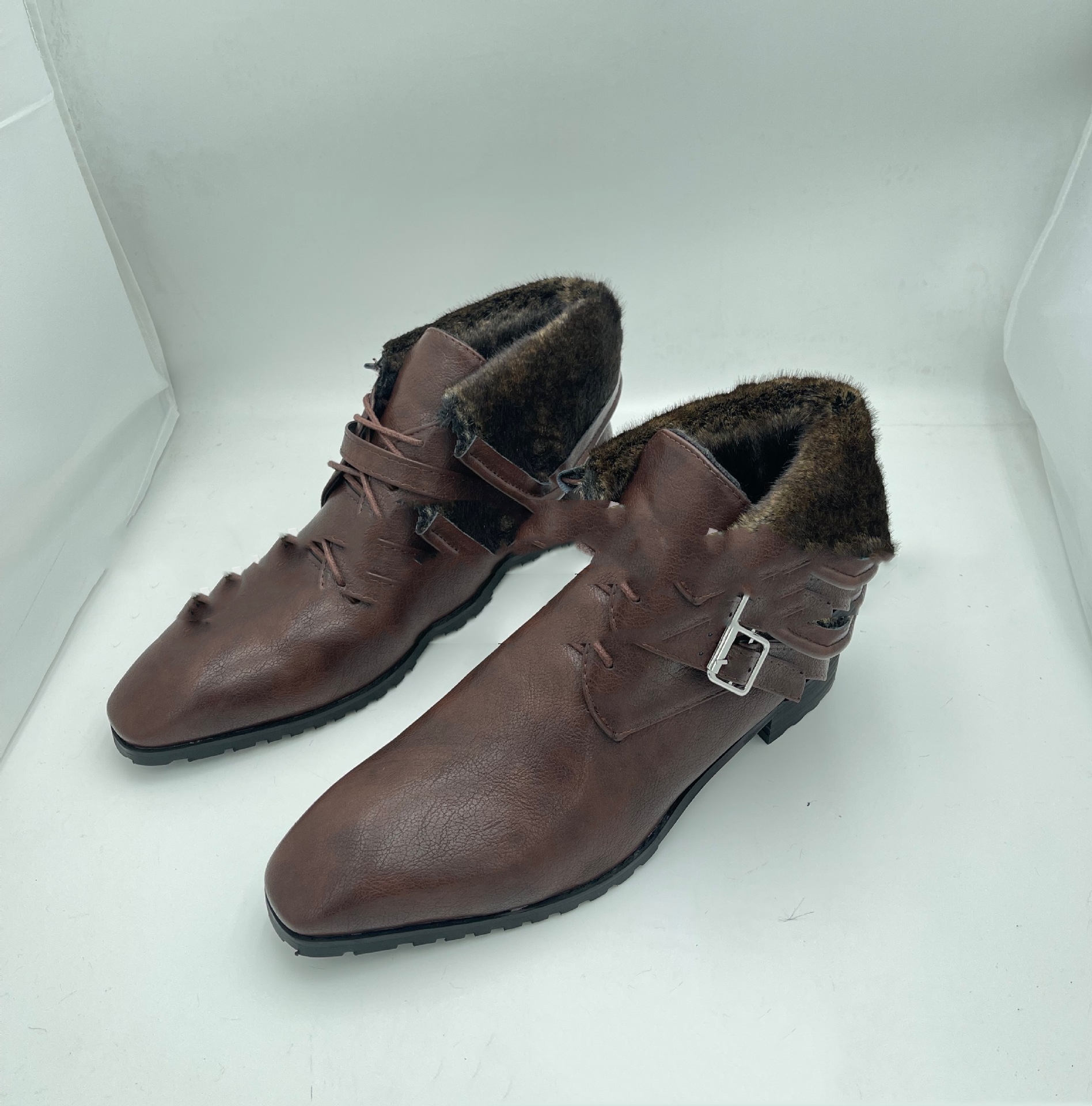 Round Head Front Lace-up Wool Mouth Low-cut British Style Chunky Heel Low Men's Boots foto 3