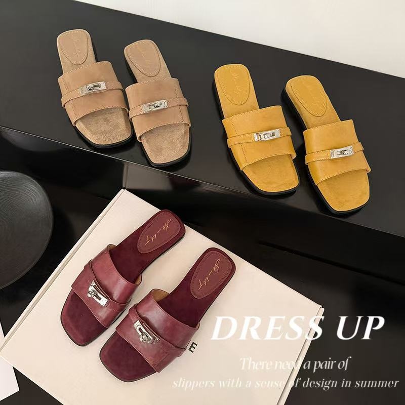 Women's Handmade Full-Grain Leather Slide Sandals, Metal Buckle Open-Toe Flat Slippers foto 2