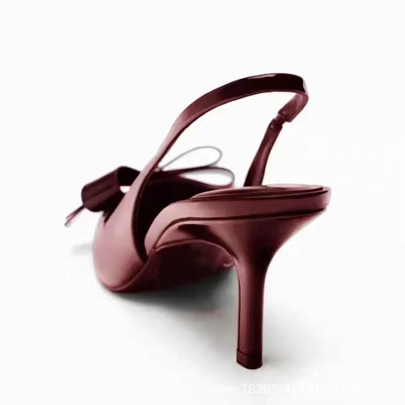 Patent Leather Women's Wine Red Bow Open-back High Heels foto 2
