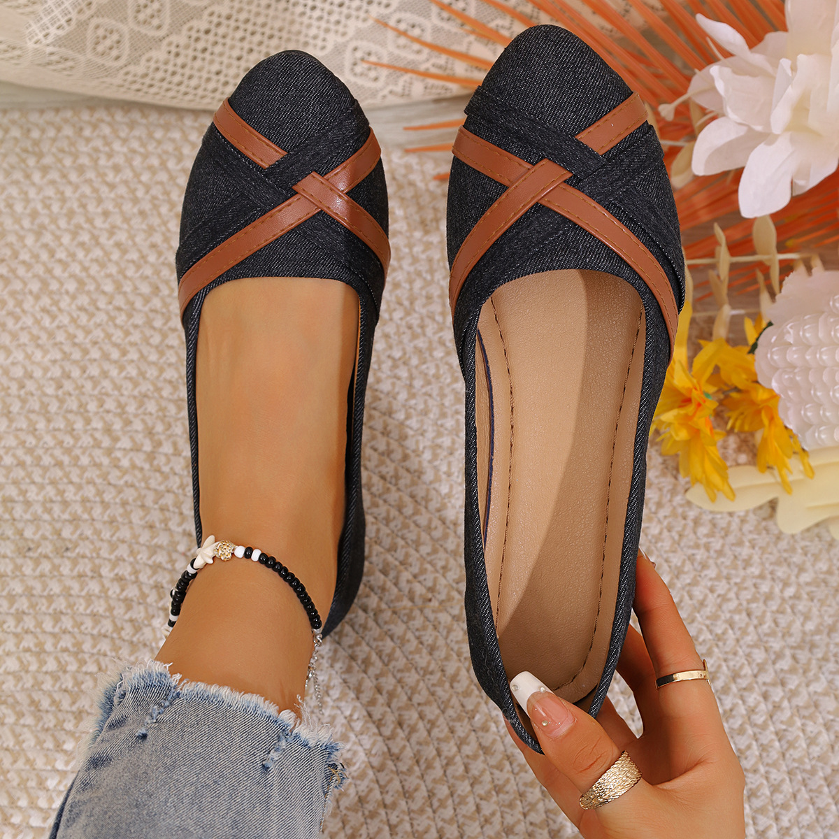 Ins Cross-straped Denim Loafers Fashion Lightweight Comfortable Flats Shoes For Women foto 4