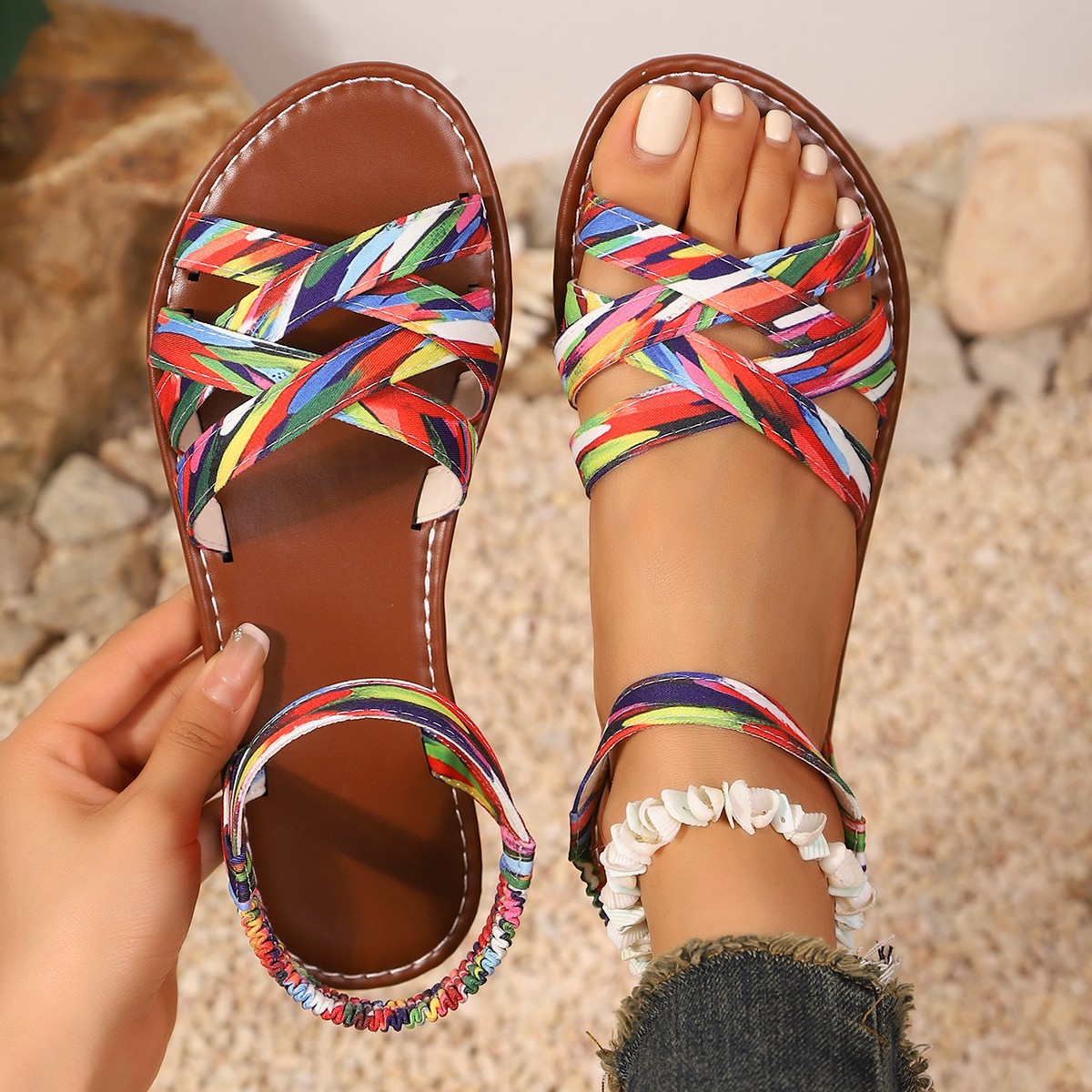 Plus-size Woven-strap Flat Sandals For Women