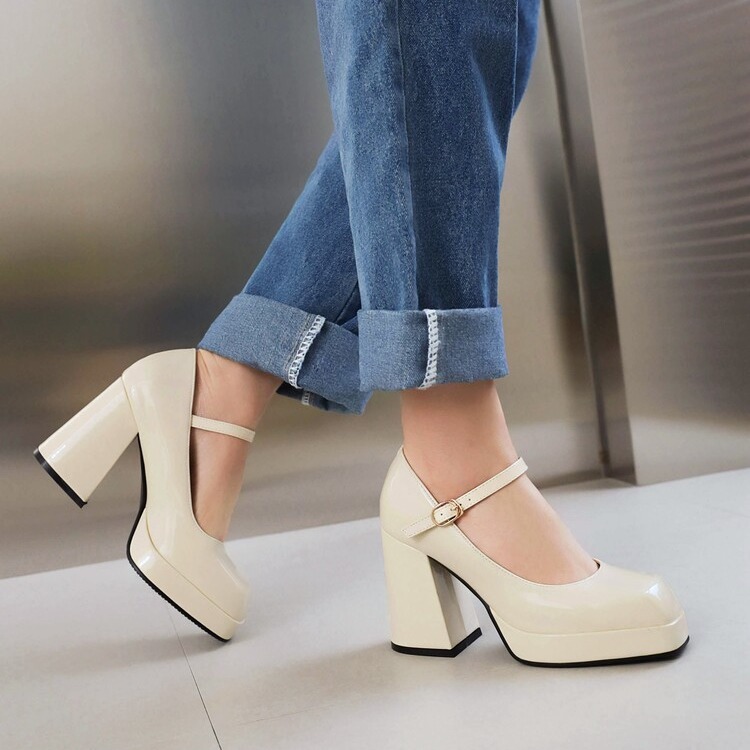 Spring Summer New Women's Shoes Mary Jane High Heels Patent Leather Square Toe foto 5