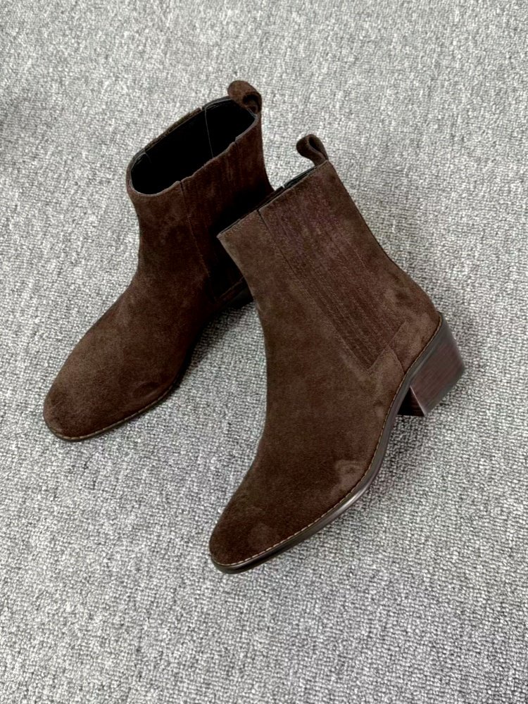 Mid-heel Chunky-heel Retro Square-toe Matte Leather Womens Boots foto 4