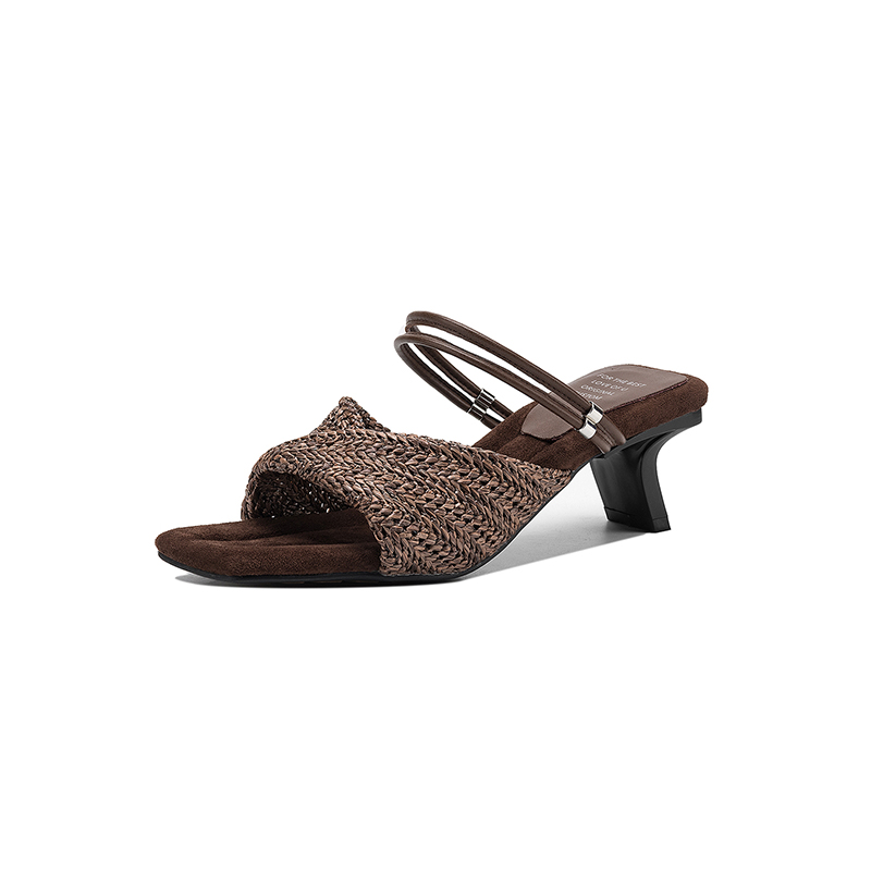 Women's Handmade Woven Raffia Two-Way Kitten Heel Sandals, Square-Toe Convertible Mule Slides foto 3