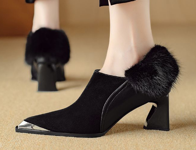 Womens Retro Chic Versatile Metal Pointed-Toe Slimming Cotton Shoes With Zipper And High Heel foto 4