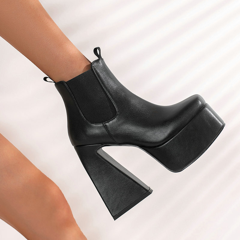 Womens Patent Leather Square-toe Boots With Chunky Heels foto 5