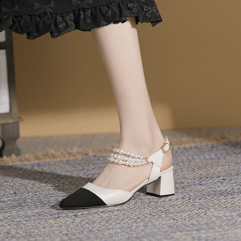 Pointed Toe Chunky Heel High Heels Plus Size Buckle Pearl Sandals foto 4