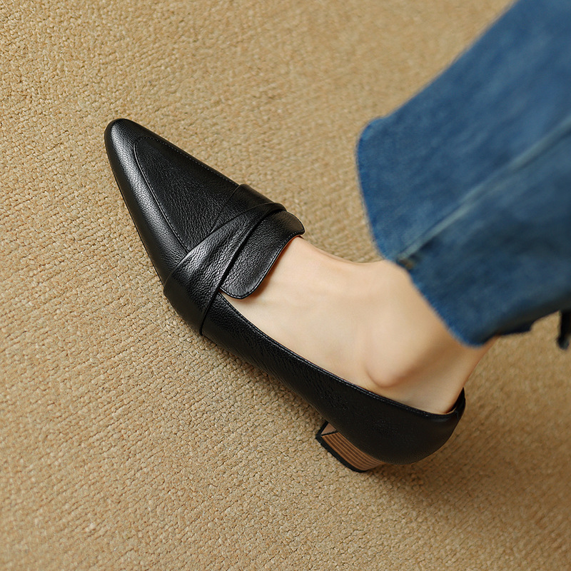 Full-grain Sheepskin Pointed-toe Chunky Heel Shoes Women's Spring New foto 2