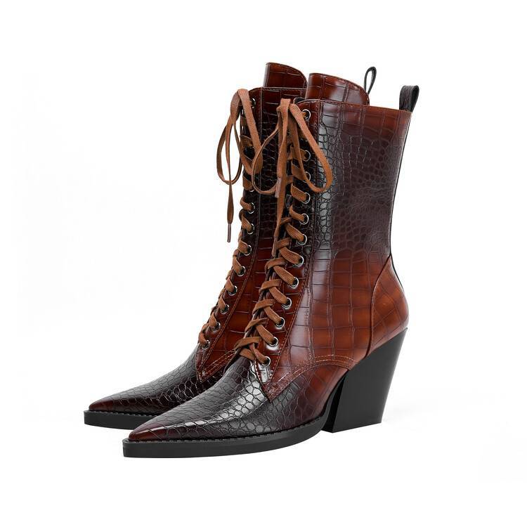 Retro Pointed Stone Pattern Chunky Heel Simple Lace High Heels Fashion Boots foto 2
