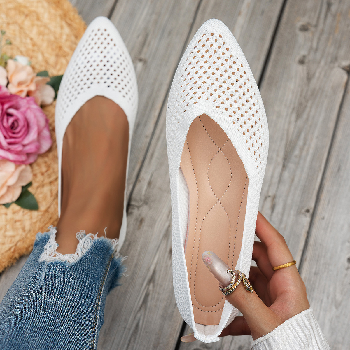 Womens Solid-Colored Pointed-Toe Flat Shoes Casual Fabric Flyknit Loafers foto 3