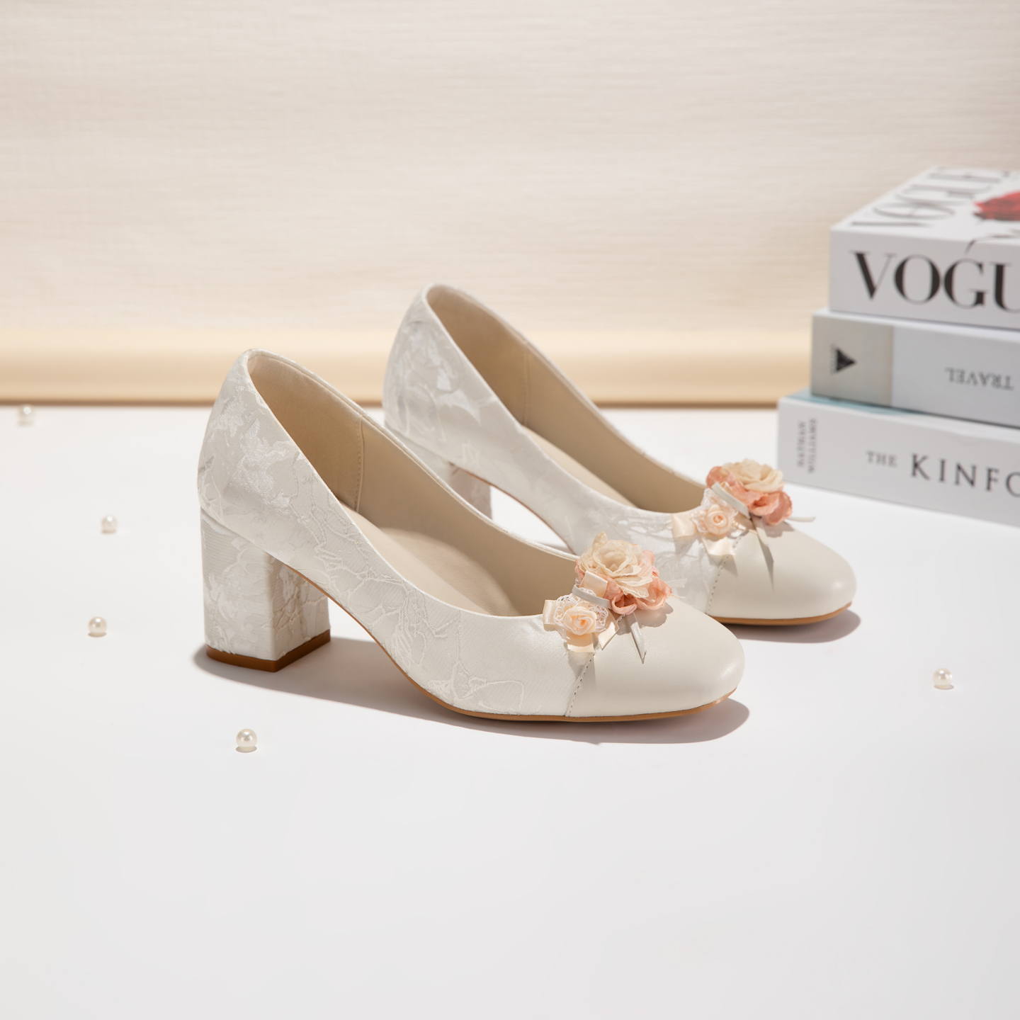 White Floral Block Heel Pumps, Elegant Square Toe Jacquard Women's Dress Shoes foto 4