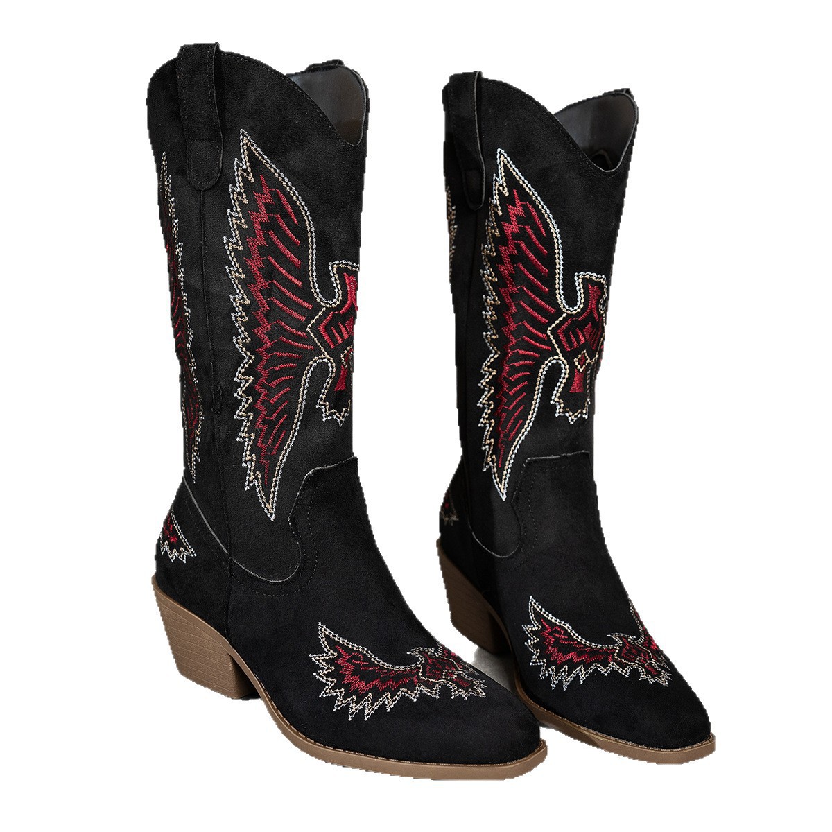 Suede Embroidery Mid Heel Knight Boots Large Size Thick Heel Cowboy Boot foto 2