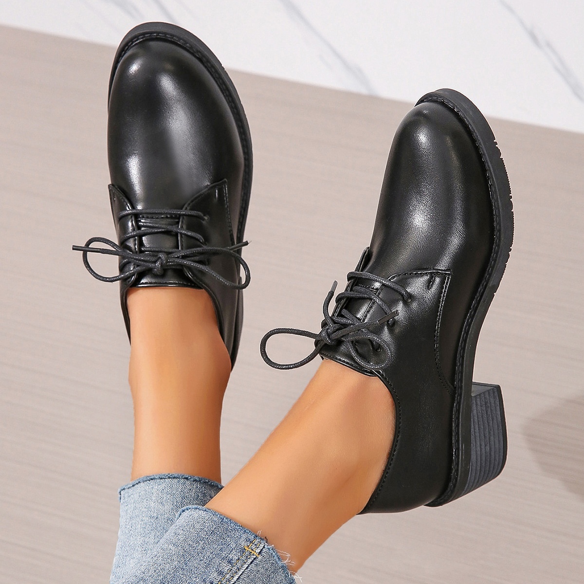Work Black Professional Soft Sole Leather Thick Heel Women's Shoes foto 4