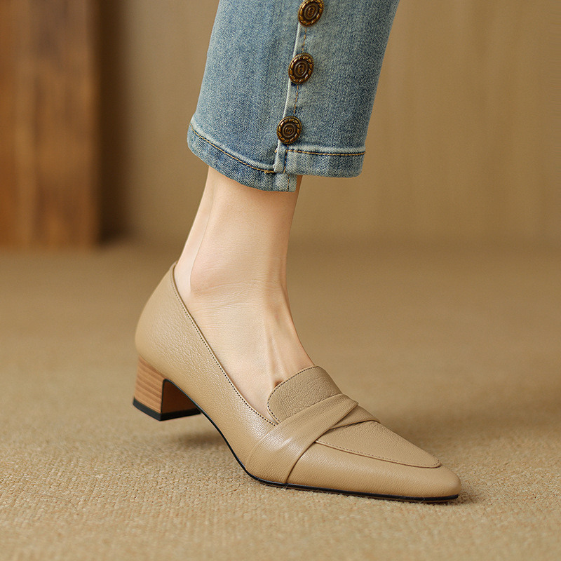 Full-grain Sheepskin Pointed-toe Chunky Heel Shoes Women's Spring New foto 4