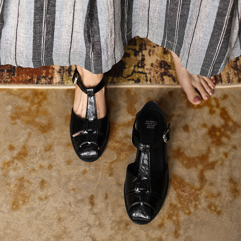 Women's Washed Full-Grain Leather Fisherman Sandals, Handmade Woven T-Strap Block Heel Shoes foto 2